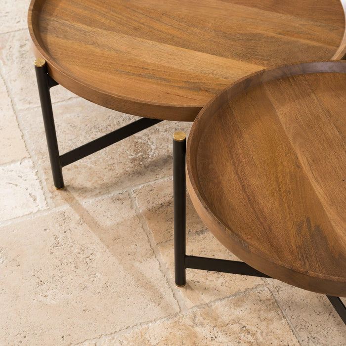 סט שולחנות עגולים לסלון בעיצוב מגש עץ על רגלי מתכת TROY - קארמה